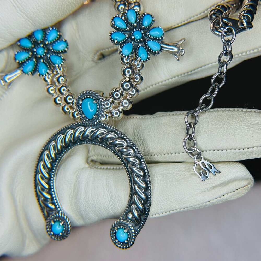 Carolyn Pollack 925 Sterling Silver West Turquoise Squash Blossom Necklace - Picture 3 of 8